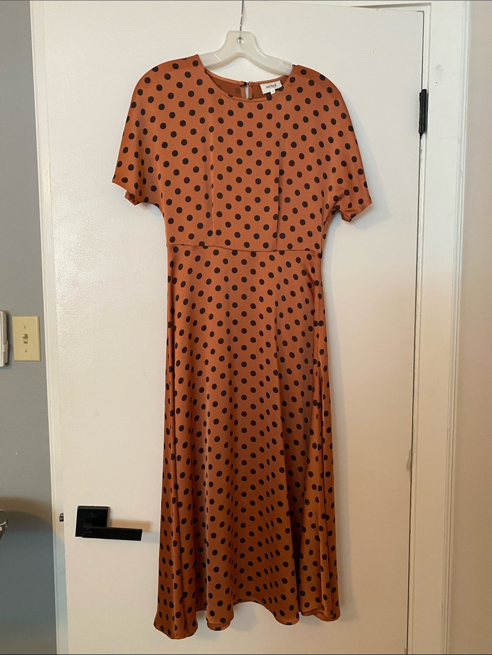 Seed Heritage Midi Dress Rust w Black Polka Dots Soft Flowing Fabric w Swing